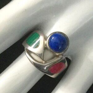 Vintage Sterling Silver Lapis Malachite Pink Shell Statement Ring Size 6